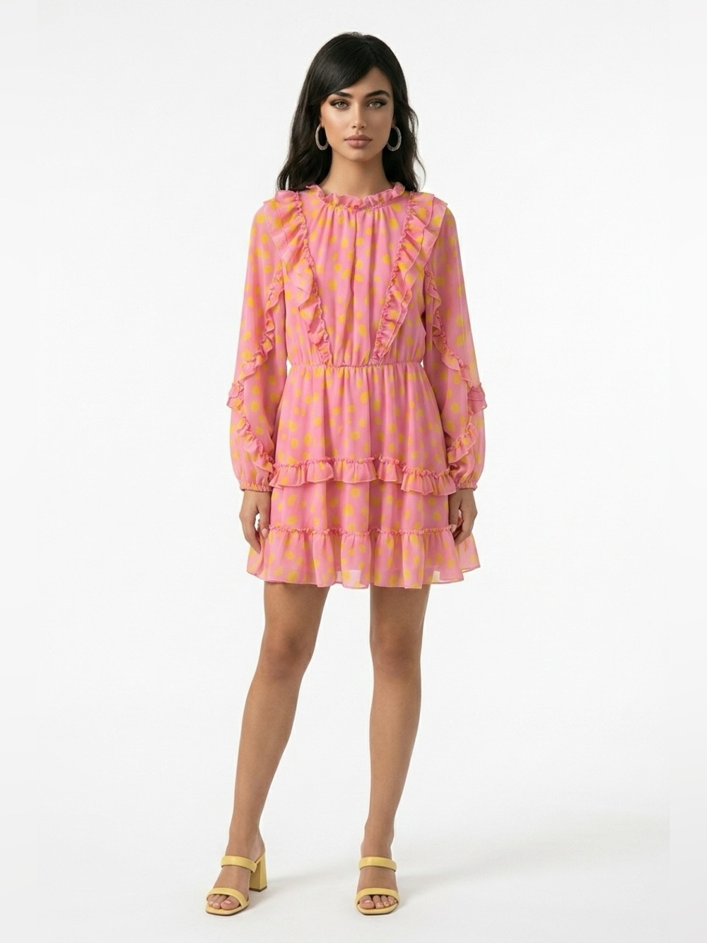 SCOOP pink, yellow polkadot ruffle long sleeve tiered midi Spring Dress SMALL